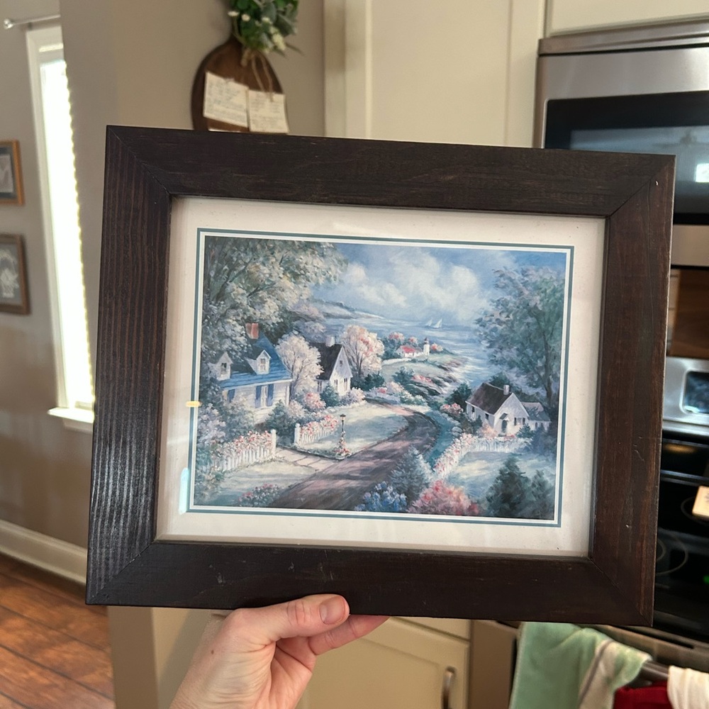 Framed Landscape Painting with Brown Frame